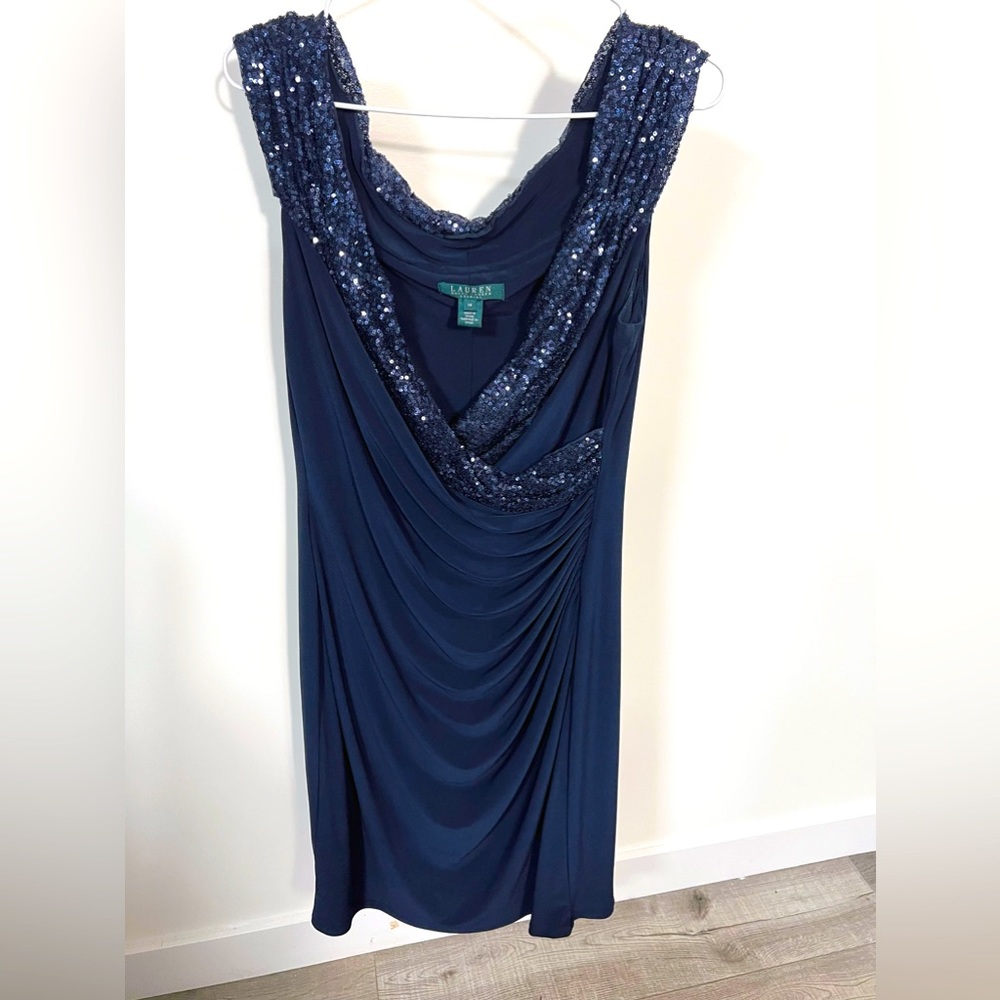 Lauren Ralph Lauren navy knee length evening dress w sequin collar details SZ 14